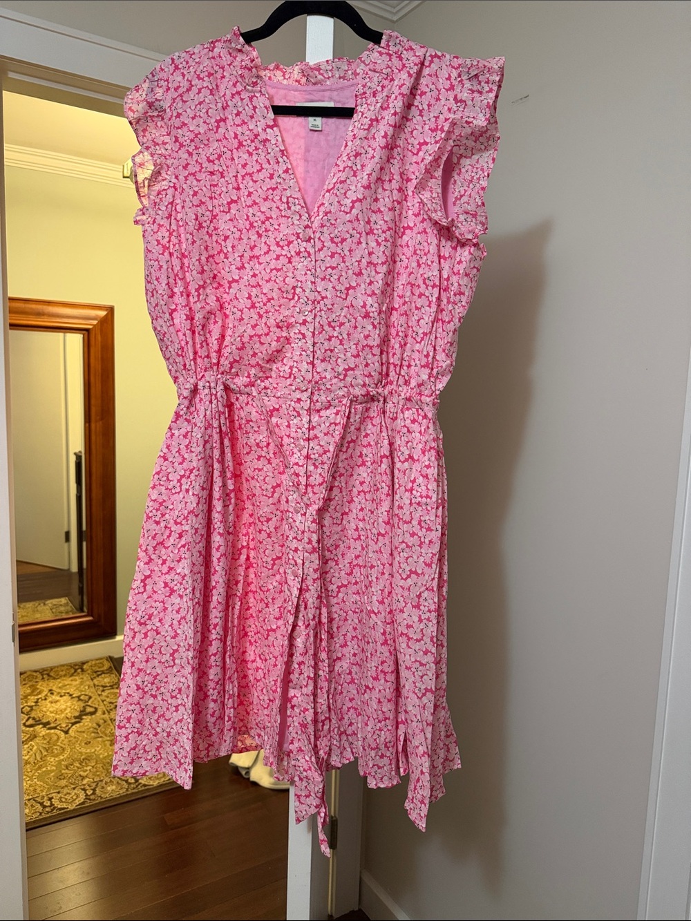 ON.34th Sleeveless cotton  Pink Tie-Waist Floral  flare ruffle Mini Dress XL